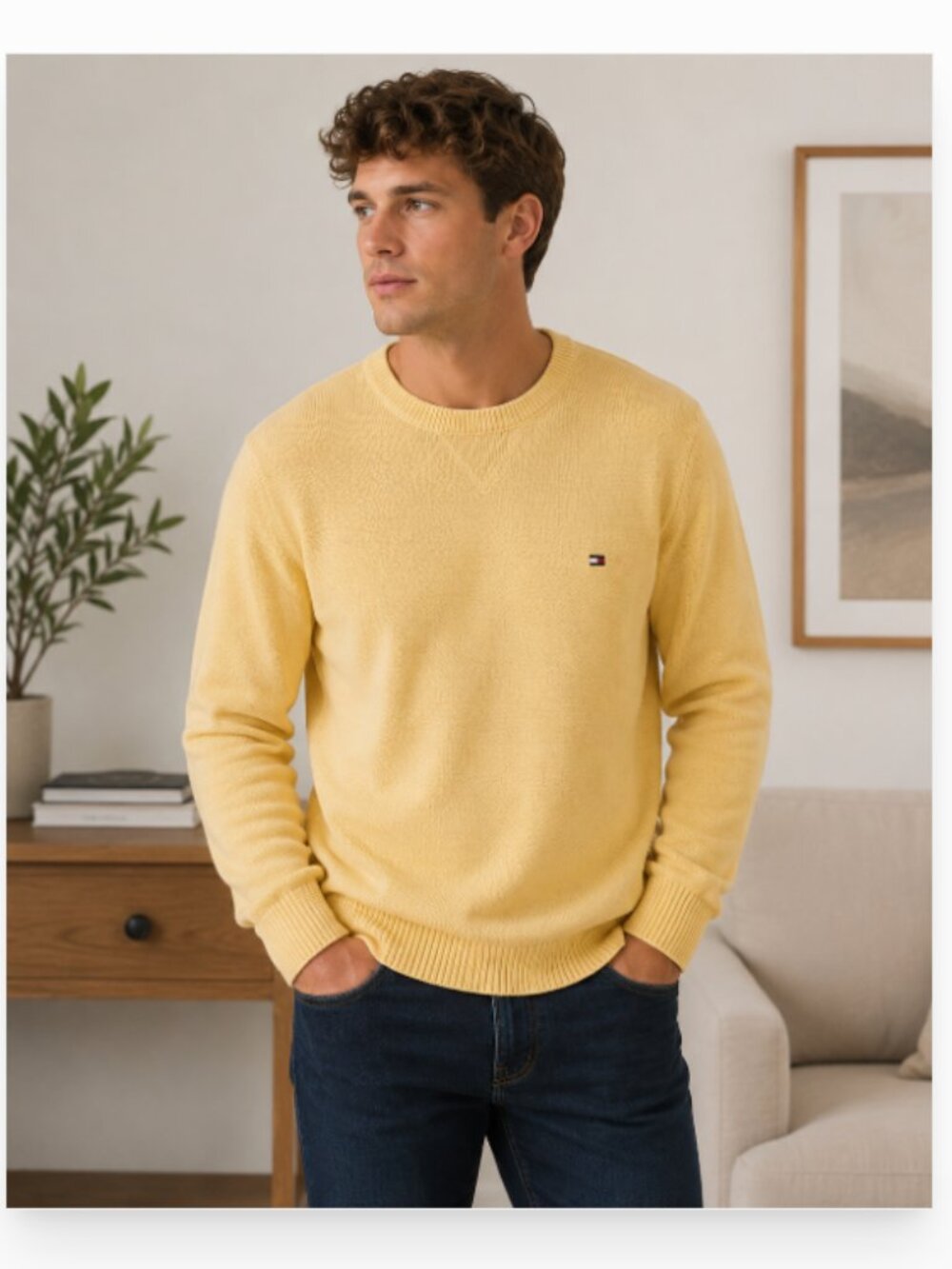 Tommy Hilfiger XL 100% cotton butter yellow crew neck men's sweater EUC